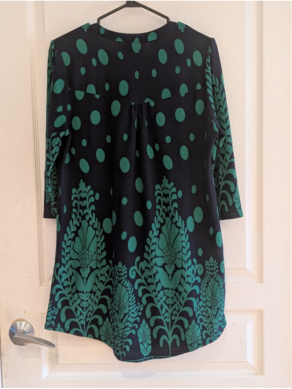 Women's RebornTunic dress Size L Navy and Green Polka Dot Damask Print